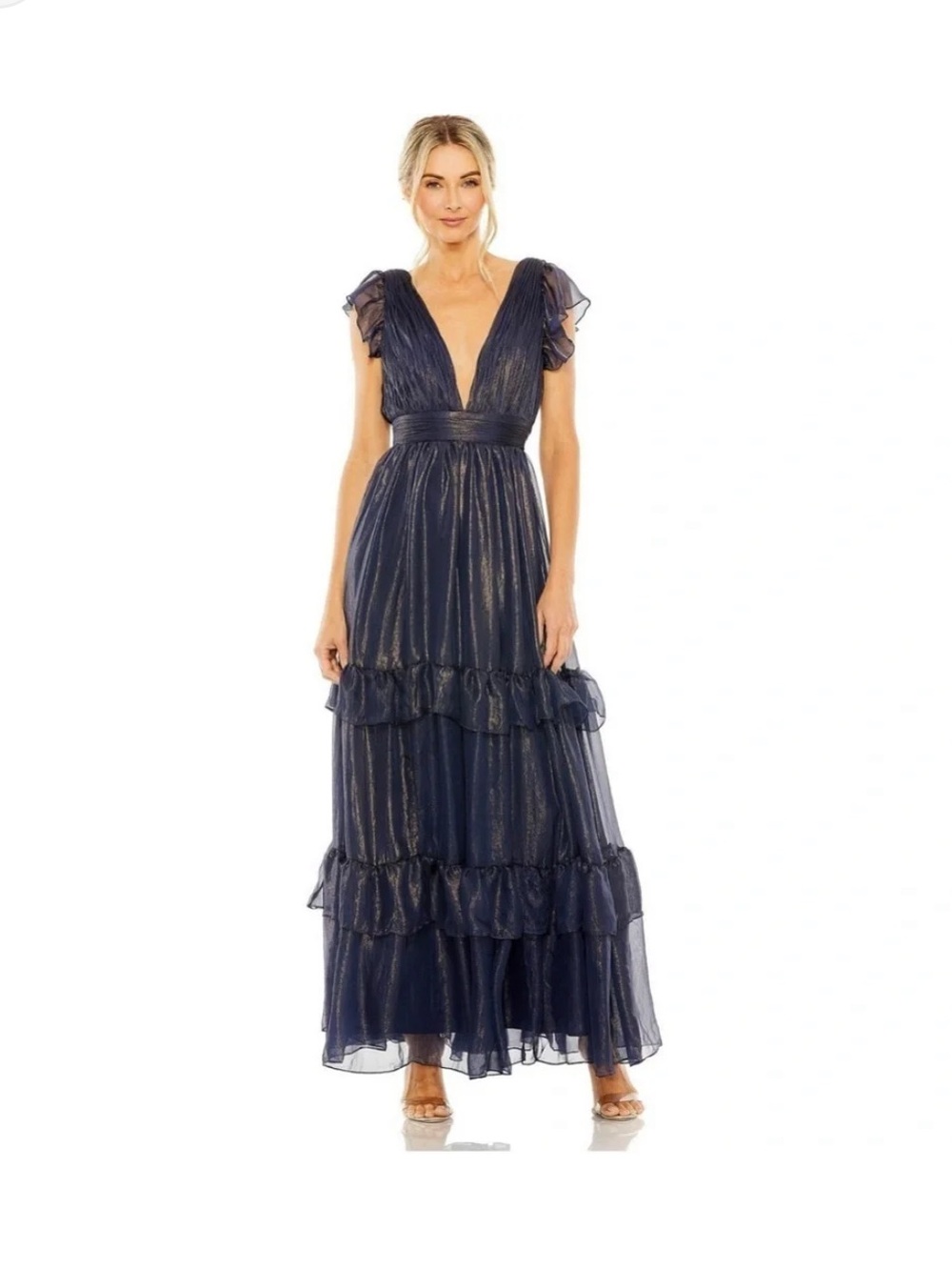 Navy Ruched Top Flutter Sleeve Deep V Gown